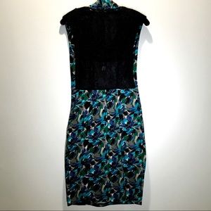 BcbgMaxAzria Blue Floral Print Elegant Dress with Open Black Lace Detail NWT